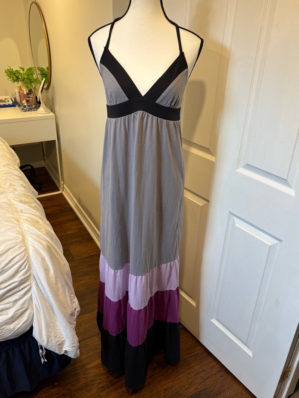 Roxy Colorblock Maxi Dress Gray Purple Halter Beach Dress Size Small